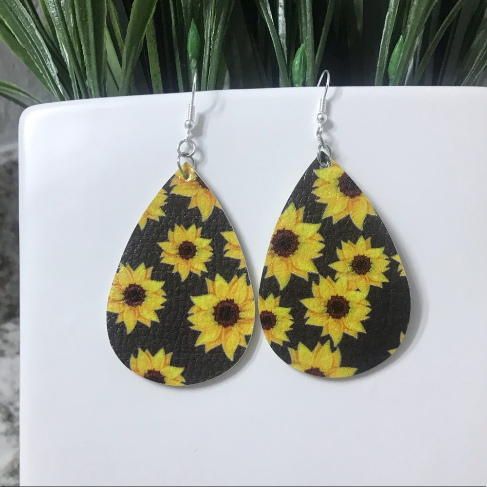 Sunflower Faux Leather Teardrop Earrings